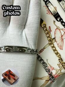 1pc Customized Eye Photo Couple Bracelet, Stainless Steel Chain Laser Engraved Picture Bracelet, Engraved Picture Stainless Steel Jewelry, Gift For Boyfriend, Anniversary Gift