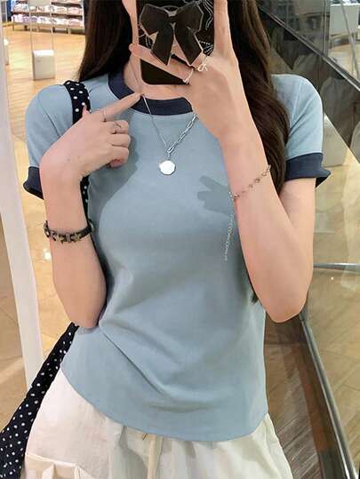 Contrasting Color Shoulder Short Sleeve T-Shirt For Women, Summer, Stylish Design Fitted & Slimming Tops