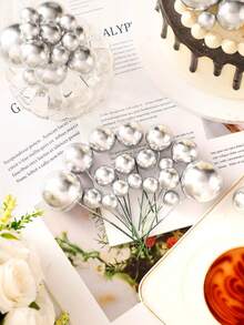 50pcs - Mini Balloon Cake Toppers, Silver Cake Balls, Suitable For Graduation Ceremony, Wedding, Birthday Cake Decoration, Graduation Season Decoration - Silver - View 6