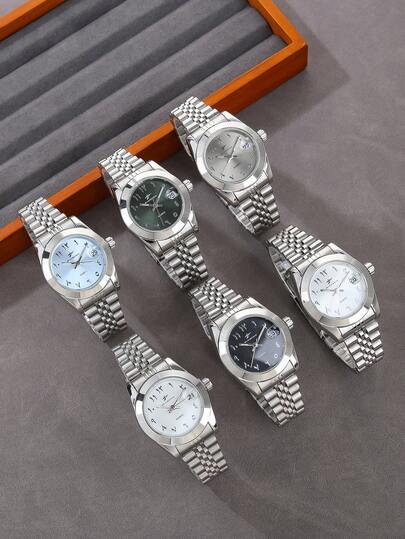  RICECGO 1pc Women's Classic Quartz Watch, Circular Dial, Arabic Numerals, Calendar Feature With Stainless Steel Strap, Elegant Style, Suitable For Everyday Wear, Ideal Gift For Birthdays Or Special Occasions, Anniversary Gift, Back To School Gifts.