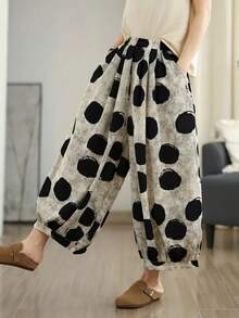 Women's Polka Dot Print Elastic Waist Pockets Tapered Casual Jogger Pants - Black and White - View 4