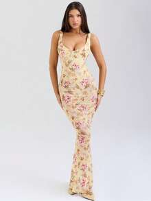 A Summer Bandage Dress,Sexy Low-Cut U-Neck, Floral Print,Fishtail Hem,Romantic Vacation,Party Dress TopS - Apricot - View 3