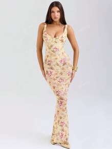 A Summer Bandage Dress,Sexy Low-Cut U-Neck, Floral Print,Fishtail Hem,Romantic Vacation,Party Dress TopS