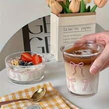 1/2pcs Ribbon Glass Cup, Pink Bowknot Iced Coffee Cup, 11oz Elegant & Cute Drinking Cup, Suitable For Women, Girlish And Sister Gathering