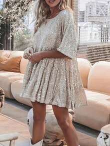 Vestido de verano con cuello redondo, manga media, volantes en el bajo y lentejuelas de moda para mujer - Plateado - Ver 2