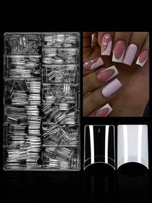 504 piezas/Caja Pegatinas de uñas cuadradas cortas, Uñas postizas transparentes de media aplicación, Pegatinas de uñas artificiales francesas, Adecuadas para extensión de uñas acrílicas, Incluye herramienta aplicadora de uñas, Suministros de arte de uñas - Multicolor - Ver 1