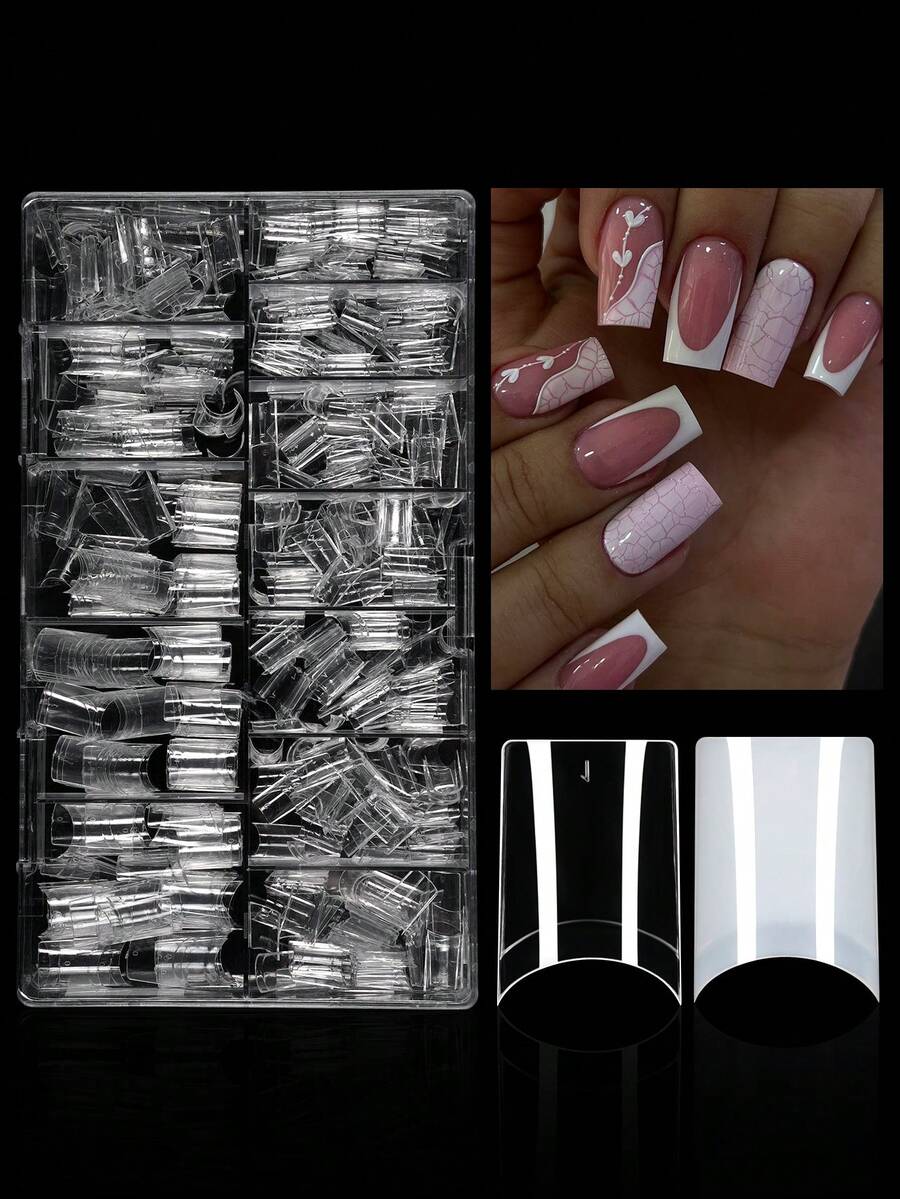 504 piezas/Caja Pegatinas de uñas cuadradas cortas, Uñas postizas transparentes de media aplicación, Pegatinas de uñas artificiales francesas, Adecuadas para extensión de uñas acrílicas, Incluye herramienta aplicadora de uñas, Suministros de arte de uñas - Multicolor - Ver 1