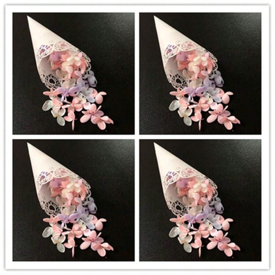 25 Stücke/Packung Laser geschnittene Hochzeitsconfetti Kegel, Rosenblumen-Rand weiße herzförmige Papiertüten für das Werfen von Reis auf Hochzeitspartys (ohne getrocknete Blumen und Basis)