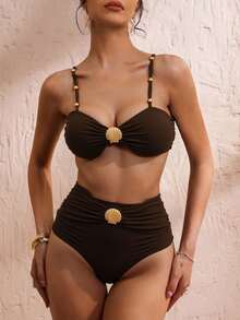 Women's Summer/Spring Elegant Bikini Swimsuit Set With Metallic Shell, Beading, Neck Strap, High Waist And Tummy Control With Ruffle Edge - Marrón - Ver 1
