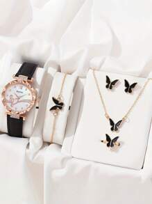 6pcs Women's Quartz Watch With Butterfly Bracelet Set
