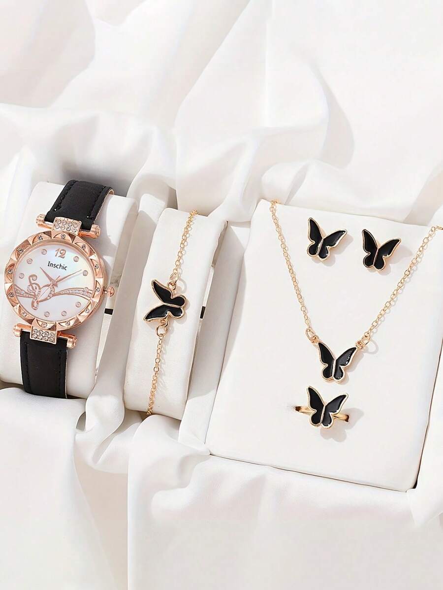 6pcs Women's Quartz Watch With Butterfly Bracelet Set