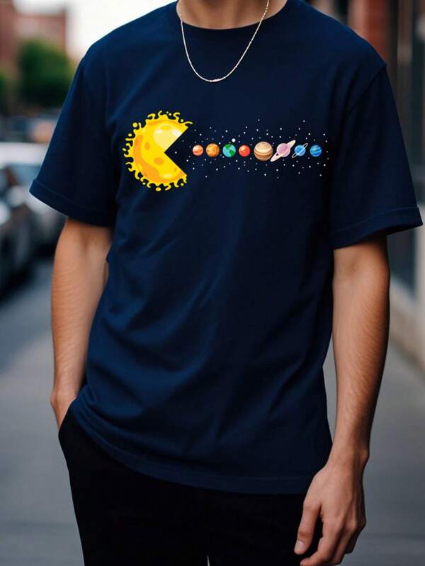Camiseta de cuello redondo de manga corta casual con estampado de planeta cósmico divertido para niños y adolescentes, versátil para uso diario, calle, exterior, ir a la escuela