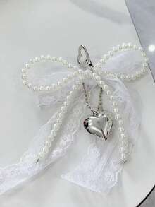 1pc Elegant Zinc Alloy Lace Faux Pearl Bow Heart Design Keychain, Versatile Fashion Classic Love Pendant Handmade Bag/Car Accessories Bag Charm School Cute Goth Y2k