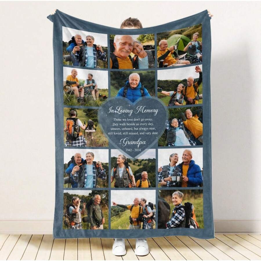 1pc Personalized Memorial Blanket,Custom Photo Collage Blanket,Loss Of Father Mother Gift,Dad Memorial Gift, Remembrance Gift,In Memory Of Photo - White - View 1
