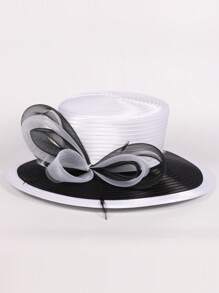 HIMESPORT Sombreros de boda para mujer verano 2025 - Bombín vintage con ribete de cinta de encaje, sombrero de cúpula elegante de ala ancha para el té, la iglesia y los accesorios nupciales, diseño de copa plana ajustable negro/blanco