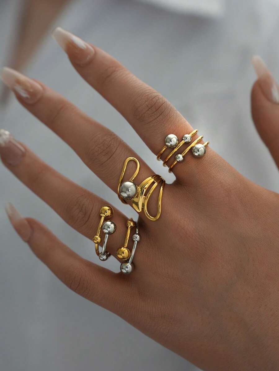 Frminee 1Pc/3pcs夏季简约时尚金银色钢球开口戒指18K镀金女士不锈钢戒指适合日常佩戴度假旅行海边等防水高品质戒指 - 彩色 - 查看 1