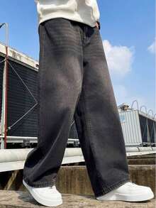 男士直筒棉质水洗牛仔裤，斜口袋设计，百搭阔腿水洗牛仔裤，情侣款直筒宽松版型，垃圾摇滚风