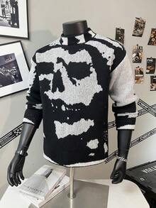 Unique Design Men's Skull Printed Crew Neck Long Sleeve Sweater - Black and White - View 1