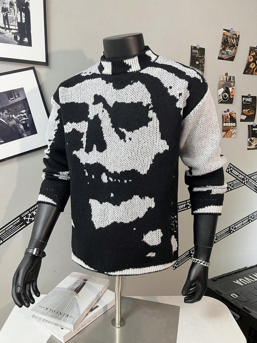 Unique Design Men's Skull Printed Crew Neck Long Sleeve Sweater - Black and White - View 1