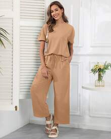 2pcs Women's Solid Knit Casual Vacation Drawstring Short Sleeve Top And Pants Set, Lightweight - Màu Khaki - Xem 5