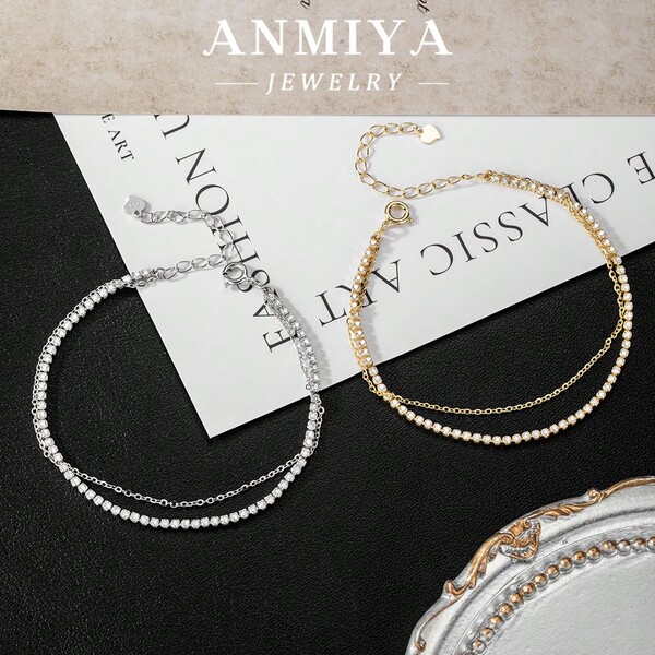 Joyería de minimalismo en plata de ley S925 Pulsera con cadena de tenis de doble capa, joyería con cadena de tenis con circonita cúbica 5A