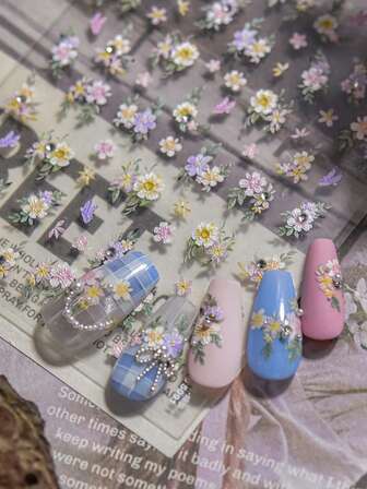 1 件花园紫黄粉雏菊蝴蝶水晶钻石 5D 软浮雕自粘指甲饰品装饰贴纸 3D 美甲贴纸