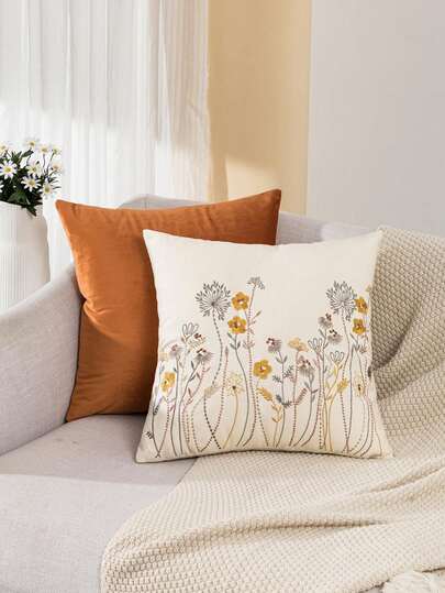 2 件刺绣花朵装饰枕套，现代农舍风格帆布花卉刺绣设计，配纯色法兰绒，适用于汽车腰垫、卧室、客厅、花园派对，四季使用（不含枕芯），30*50 厘米和 45*45 厘米
