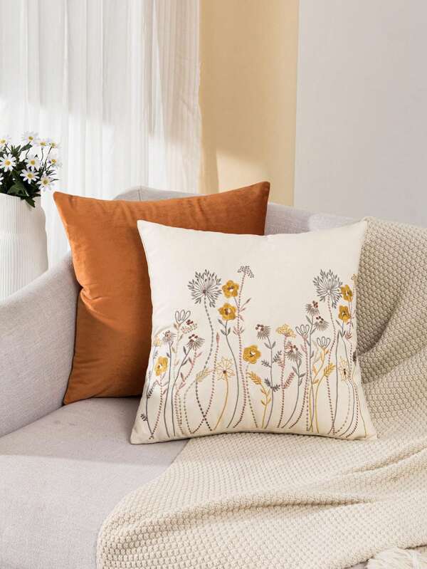 2pcs Embroidered Flower Decorative Pillow Covers, Modern Farmhouse Style Canvas Floral Embroidery Design With Solid Color Flannel, For Car Waist Cushion, Bedroom, Living Room, Garden Party, All Season Usage (Without Insert), 30*50cm & 45*45cm