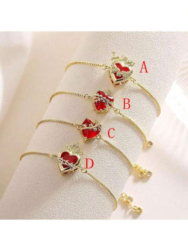 1 Peça Bracelete de Coração Folheado a Ouro 18K com Zircônia Vermelha Simples, Feminino, Personalizado, Ajustável, Joias da Moda, Novo