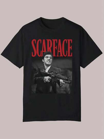 Camiseta Casual de Verano para Hombre - Impresión Gráfica de , Cuello Redondo, Manga Corta, Poliéster, Ajuste Regular, Tallas para Adultos, Negra con Texto Rojo, Diseño Retro de Cine