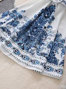 Women Floral Print Lantern Sleeve Mini Dress - Blue - View 6