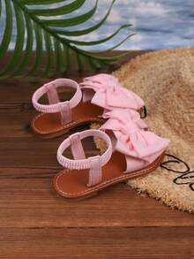 白色女童凉鞋一双，新款蝴蝶结公主鞋，松紧带设计，软底休闲沙滩鞋，夏季必备 - 粉色 - 查看 3