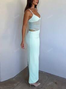 A Sexy Gauze Gauze Splicing Asymmetrical Hollow Halter Slimming Dress Multi-Color Optional