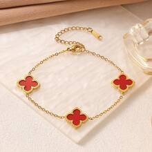 1件时尚不锈钢四叶草和仿珍珠母贝手链，高端花卉首饰，送给女朋友的礼物 - 金色 - 查看 5