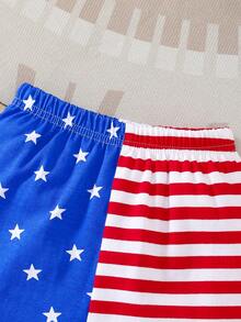 3-Piece Boys' Summer Independent Day Letter Printed Jumpsuit&Striped Star Shorts Set&Cute Baby Hat Set - 白色 - 查看 8