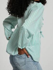 Women's Fashion Casual Mix Solid Coloured Round Neck Bowknot Ruffled Hem Puff Sleeve Shirt - Mint Green - View 6