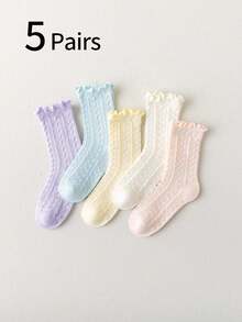 5 Pairs Girls Solid Color Net Lace Trim Mid-Calf Socks, Korean Ins Sweet Fresh Princess Lace Socks For School Students, Toddler-Big Kid