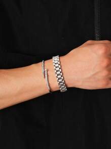 2pcs Fashionable Stainless Steel Rhinestone Punk Hip-Hop Bracelet Set For Men, Waterproof & Fade-Resistant, Suitable For Daily Wear