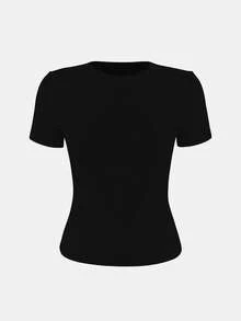 XLLAIS 2025 ملابس علوية قصير أسود من نوع الياقة المستديرة وكم قصير للصيف، قاعدي أساسي رياضي مطاطي مناسب للنساء في الأوقات العادية