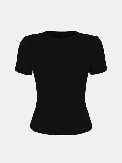 XLLAIS 2025 Small Round Neck Short Sleeve Black Summer Tops Solid Basic Skinny Sport Fit Women Casual T-Shirt