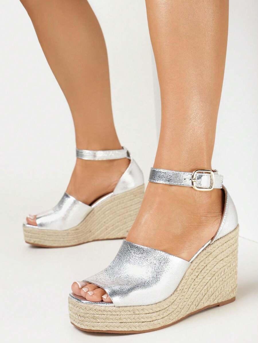 Sandalias de cuña alta con detalle de cuerda, acabado metálico, de verano - Plateado - Ver 1