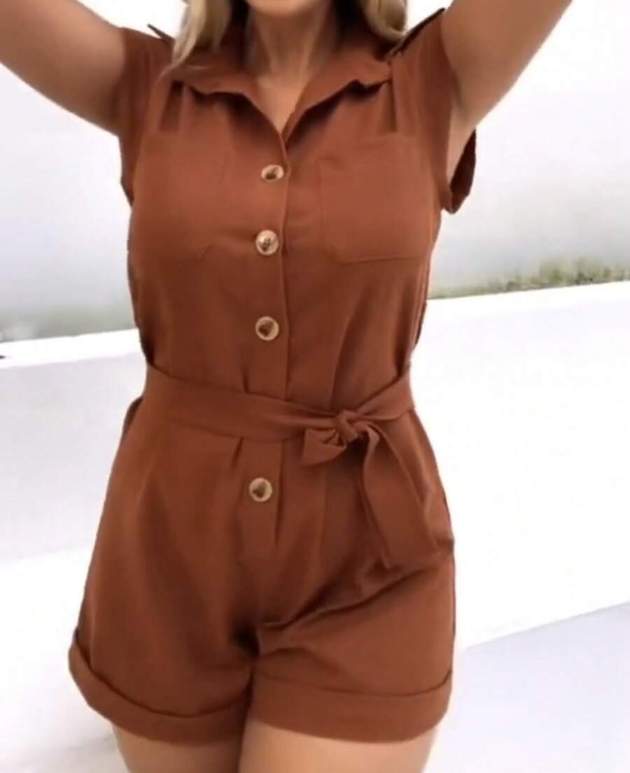Short Linen Jumpsuit With Belt New Release - 鏽棕色 - 查看 1
