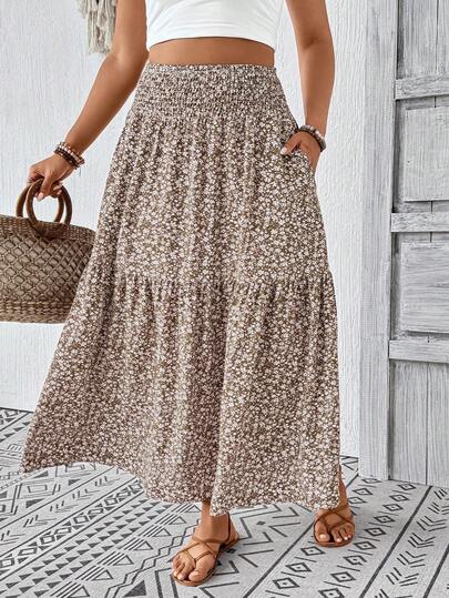 Plus Size Women Ditsy Floral Ruffle Hem Drawstring Waist Casual Midi Skirt, Suitable For Autumn Vacation Summer