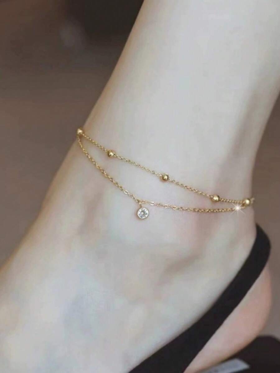 1 peça de tornozeleira de cristal único com dupla camada para mulheres, joia de pé com corrente de bola simples e elegante, adequada para festas, feriados, uso diário, presente