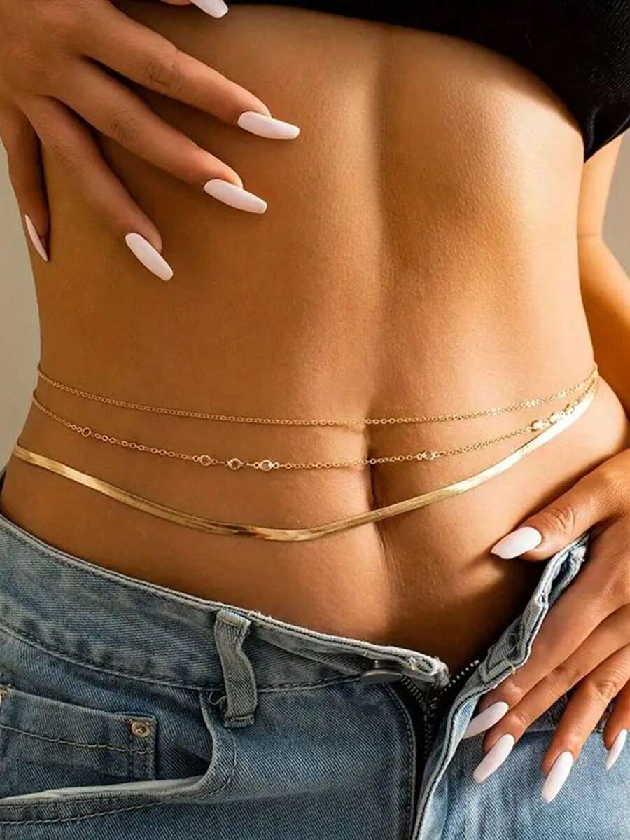 17KM 3pcs/Set Boho Crystal Chain Belly Waist Chain For Women Simple Summer Beach Punk Gold Color Flat Snake Chain Bikini Body Jewelry Gifts - Style 1 - View 1
