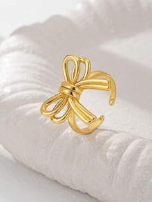 1枚18K镀金女士心形戒指，蝴蝶结戒指，圆顶设计不对称个性戒指，适合日常穿搭，精美抛光简约基础款设计戒指 - 金色 - 查看 14