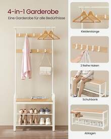 Garderobenständer, Garderobe, mit Schuhbank, 4-in-1 Design, 9 abnehmbare Haken, Kleiderstange, Eingangsbereich, Flur, 33,7 x 72 x 183 cm, modern,Eichenfarben-Weiß - Eichenfarben-Weiß - Übersicht 4