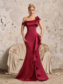 Abito da sera elegante a sirena in raso lucido bordeaux con decorazione fiocco, adatto per balli, eventi formali, cerimonie, ospiti di matrimoni
