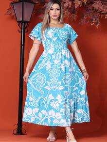 WOMEN'S LONG MIDI DRESS WITH PUFFED SLEEVES, RUFFLED, OFF-THE-SHOULDER, TRES MARIAS FLORAL - Celeste - Ver 1