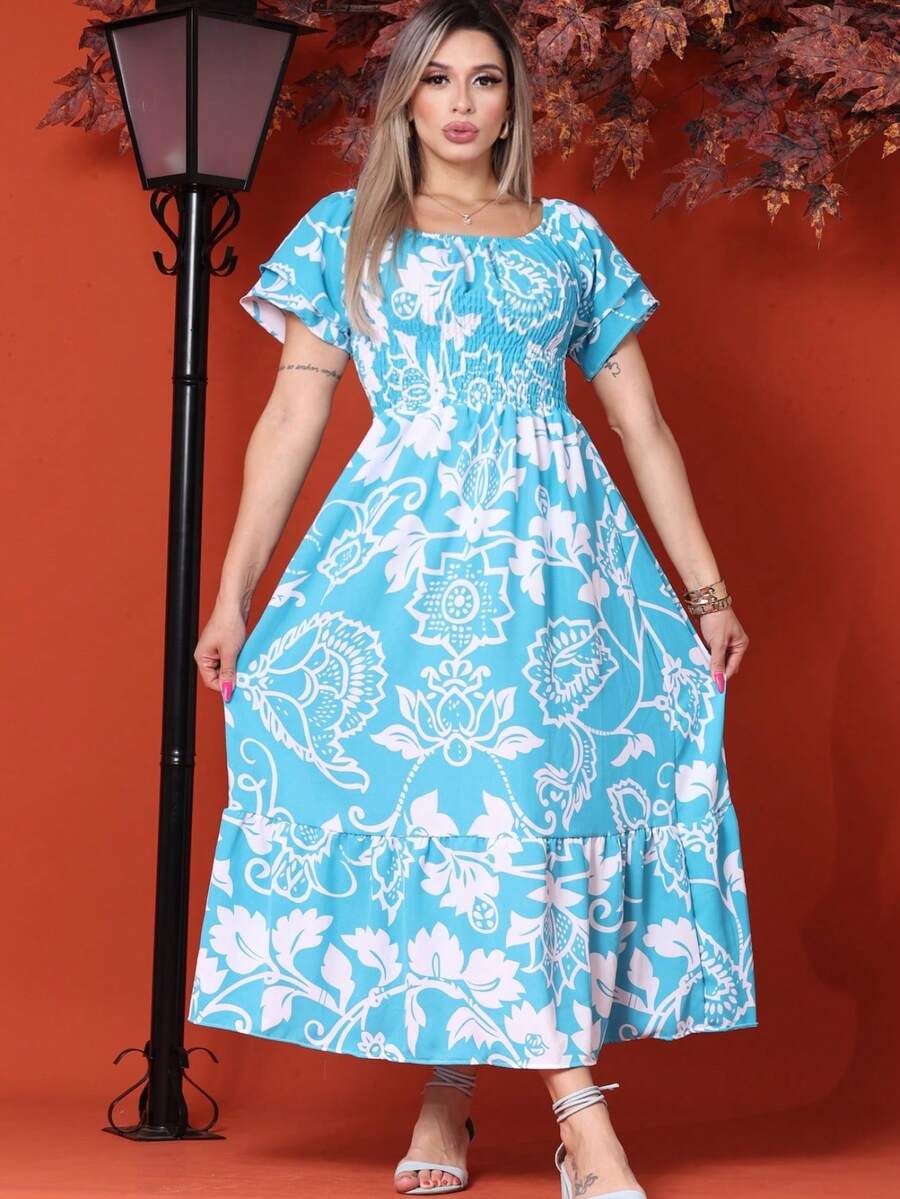 WOMEN'S LONG MIDI DRESS WITH PUFFED SLEEVES, RUFFLED, OFF-THE-SHOULDER, TRES MARIAS FLORAL - Celeste - Ver 1
